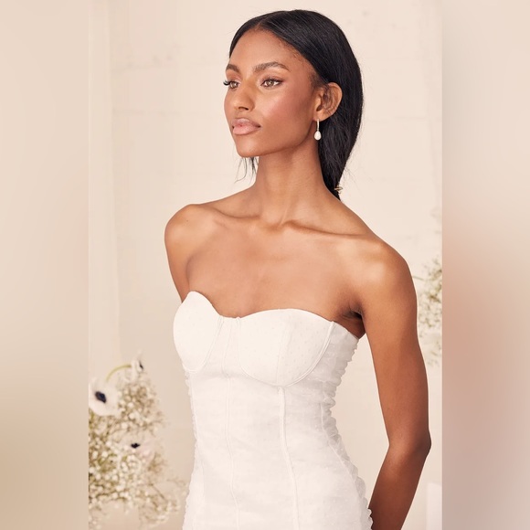 Lulus White Polka Dot Ruched Strapless Bustier Dress XS - Picture 2 of 9